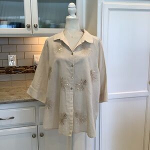 Linen Blend Beige Button-Up Shirt with Embroidered Details by Gia Size LG